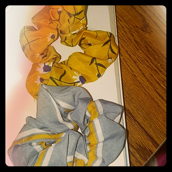 Yellow flowered scrunchie , grey with yellow strip - Picture 1 of 3